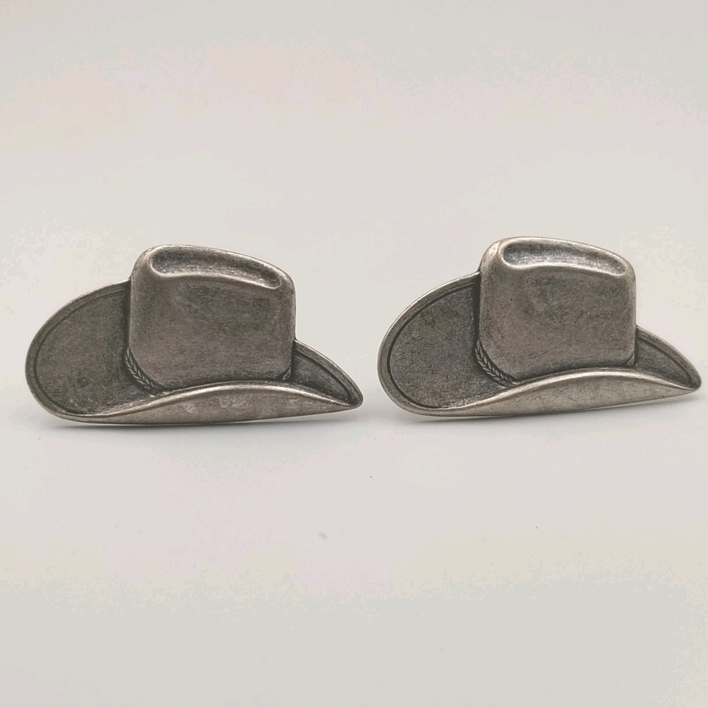 Vintage Cowboy Hat Shape WESTERN THEME Silver Toned Earrings Omega Clips